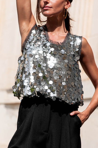 Fashionable Sequined Round Neck Sleeveless Loose Vest