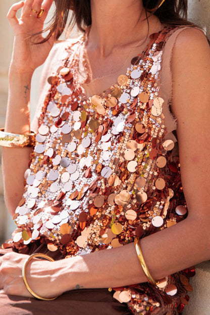 Fashionable Sequined Round Neck Sleeveless Loose Vest