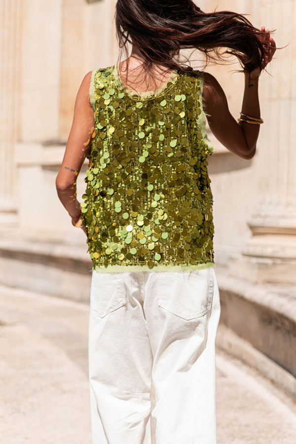 Fashionable Sequined Round Neck Sleeveless Loose Vest
