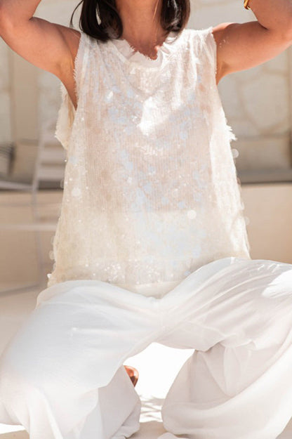 Fashionable Sequined Round Neck Sleeveless Loose Vest