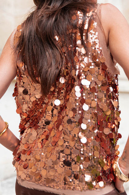 Fashionable Sequined Round Neck Sleeveless Loose Vest