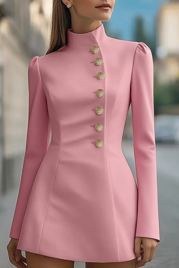 Fashionable Stand Collar Single-Breasted Slim Fit Formal Mini Dress