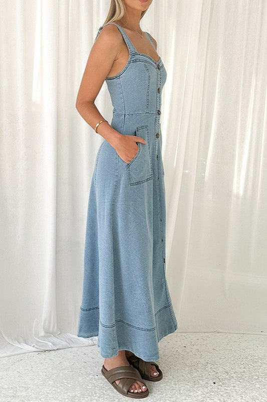 Strappy Backless Maxi Denim Dress