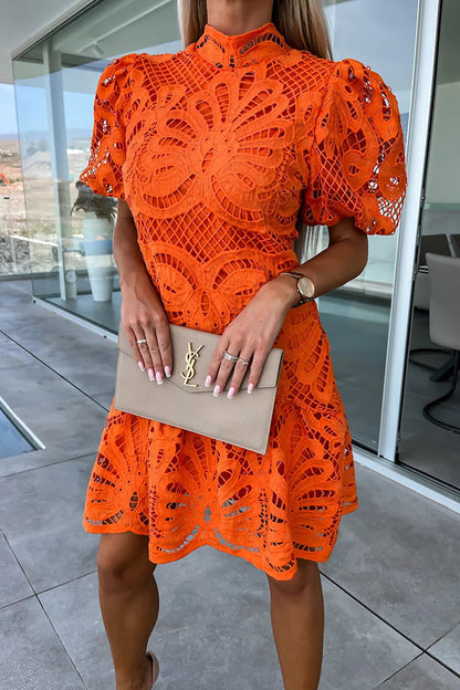 Crochet Lace Mock Neck Puff Sleeve Ruffle Hem Mini Dress