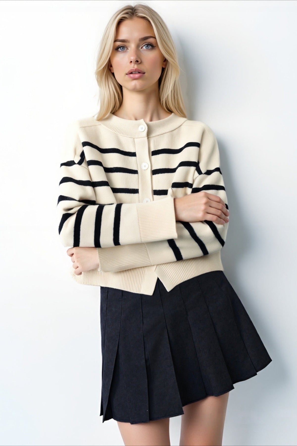 Crew Neck Striped Button Pocket Knit Cardigan