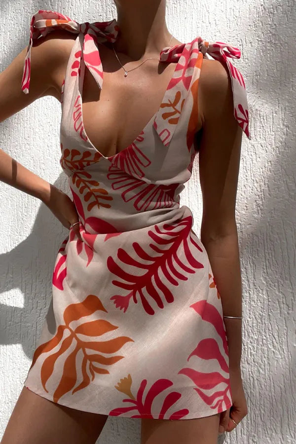 Deep V Neck Tie Shoulder Tropical Leaf Print Mini Dress