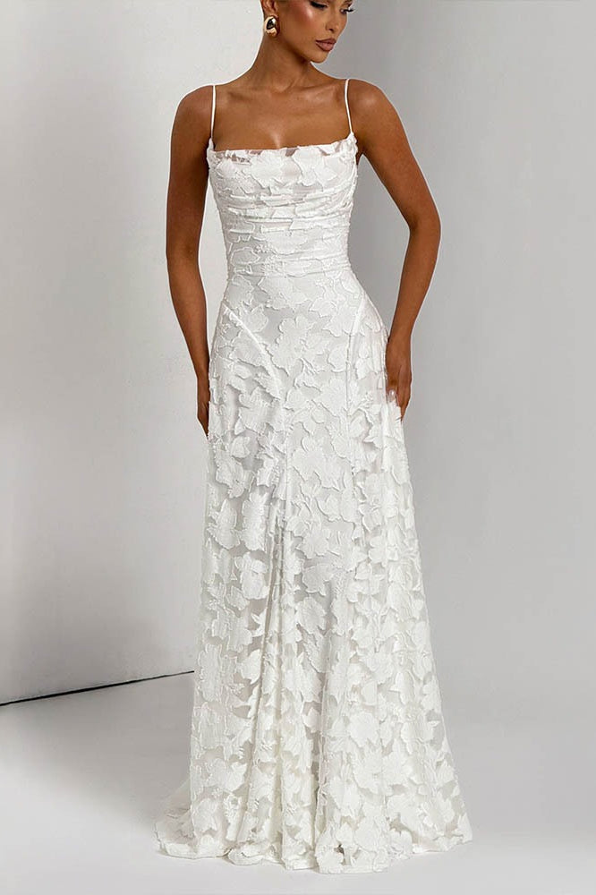 Square Neck Spaghetti Strap Ruched Burnout Floral Lace Maxi Dress