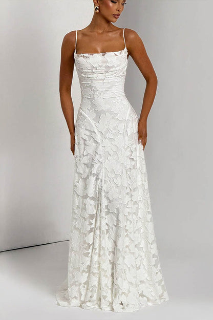 Square Neck Spaghetti Strap Ruched Burnout Floral Lace Maxi Dress