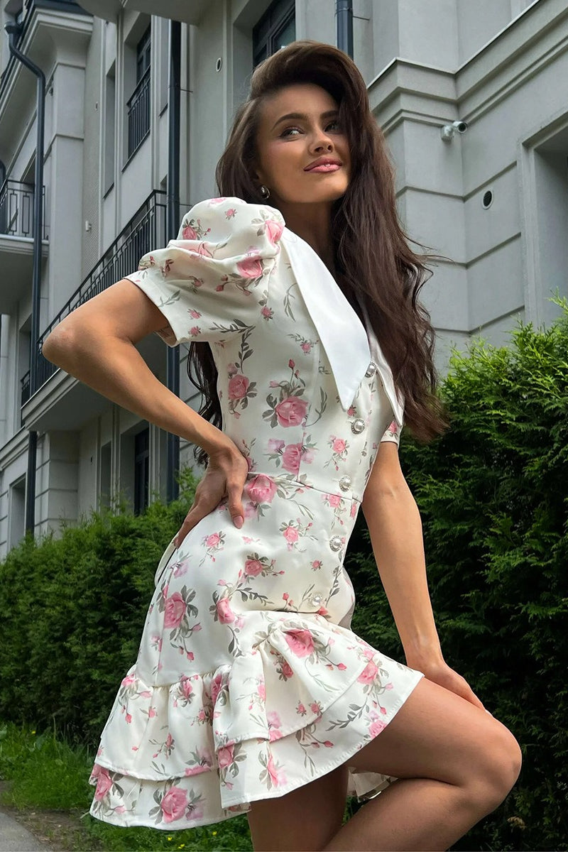 Oversized Collar Puff Sleeve Pearl Button Ruffle Tier Hem Floral Print Mini Dress