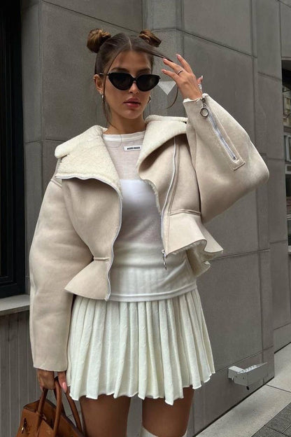Chic Odd Zip Leather Fur Pieced Coat