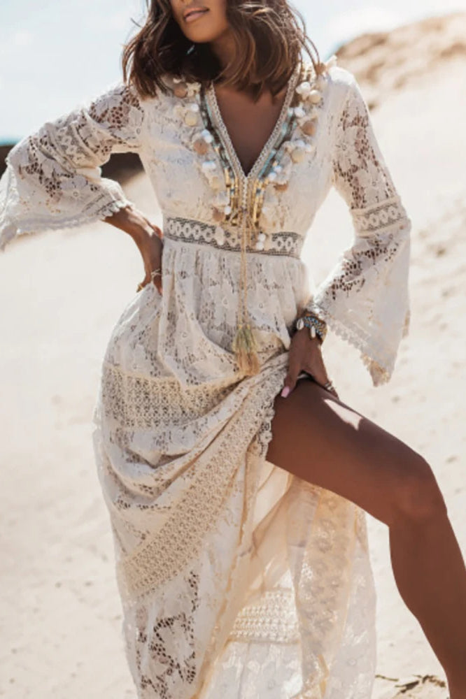 Lace V Neck Hollow Boho Dress