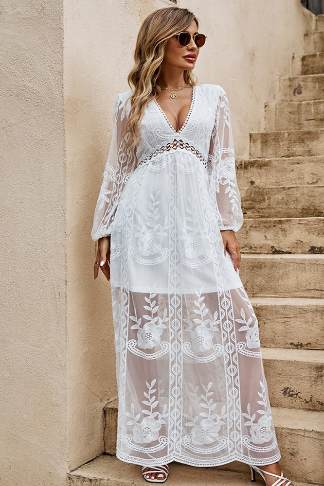 V Neck Long Sleeve Flowy Maxi Boho Dress