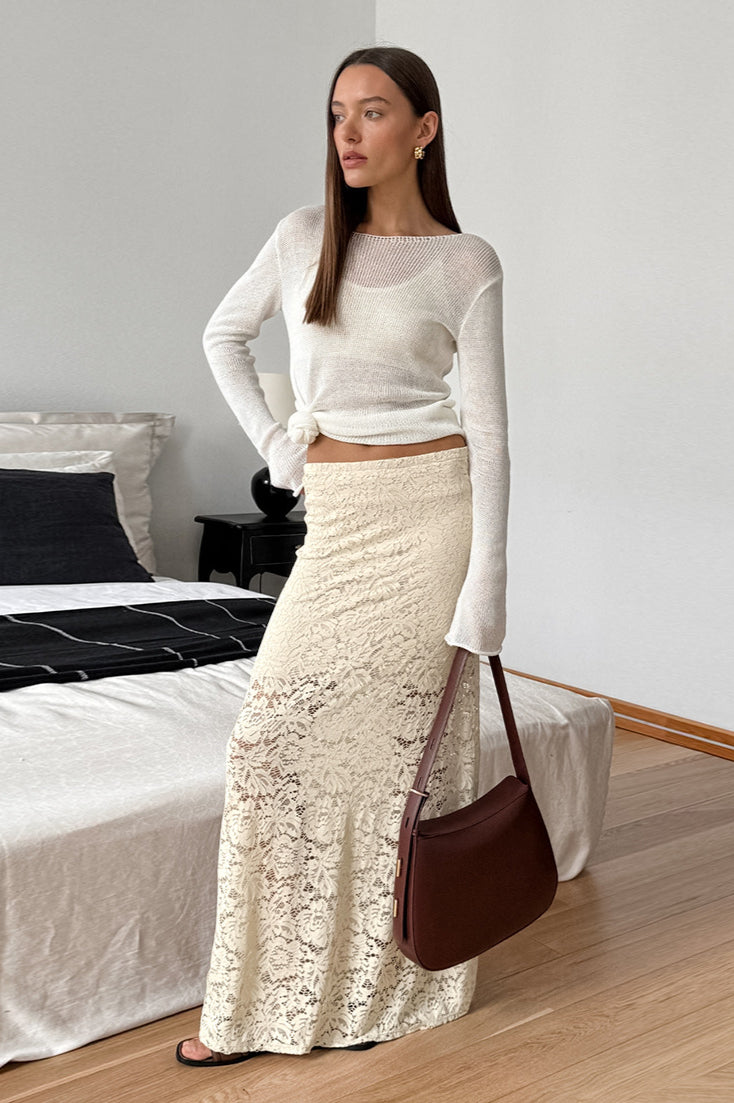 Lace Hollow High-Waisted Midi Skirt