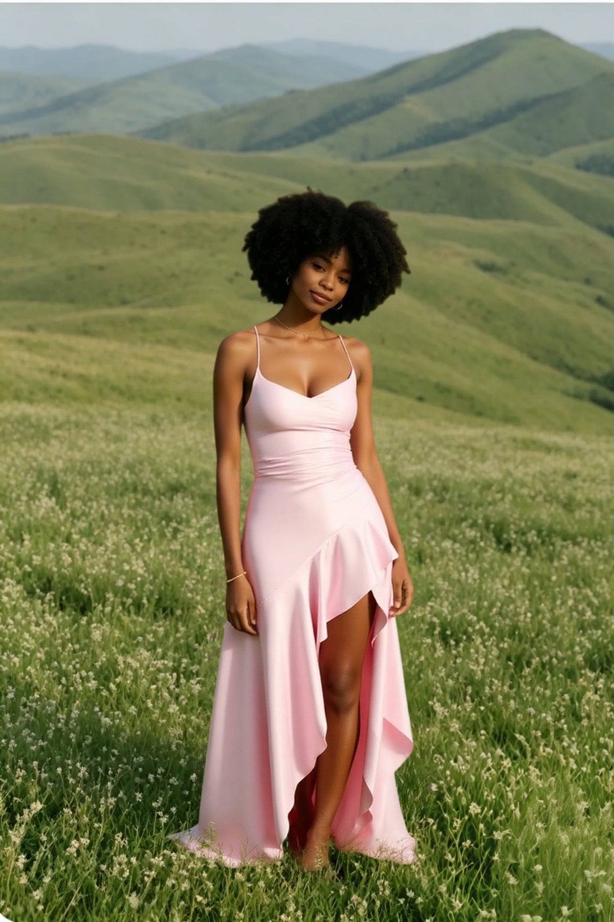 Scoop Neck Side Ruched Ruffle Trim High Slit Satin Floor Length Gown