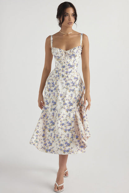 Wide Strap Sweetheart Ruched Bust Toile Floral Print A-Line Midi Dress