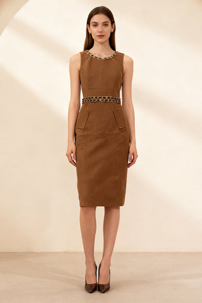 Brown Faux Fur Sleeveless Embellished Midi Dress