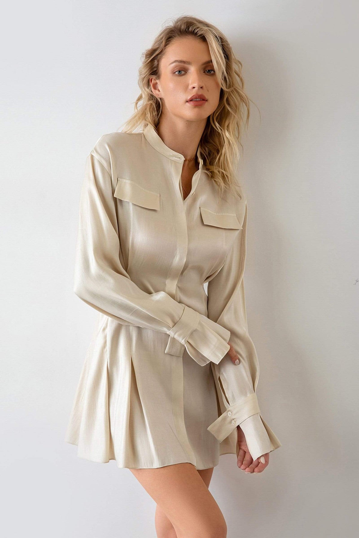 Satin Shirt Collar Button-Front Pleated Mini Dress