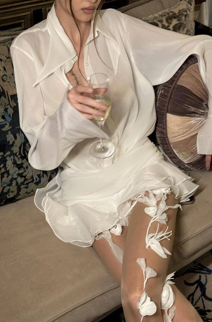 Gauze Button Down Shirt Ruffle Tier Mini Skirt Set