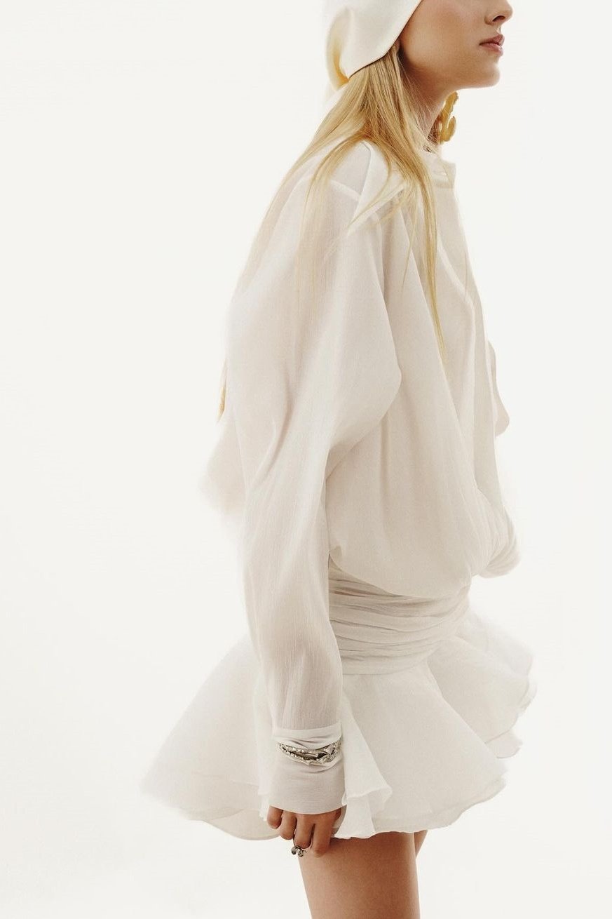 Gauze Button Down Shirt Ruffle Tier Mini Skirt Set
