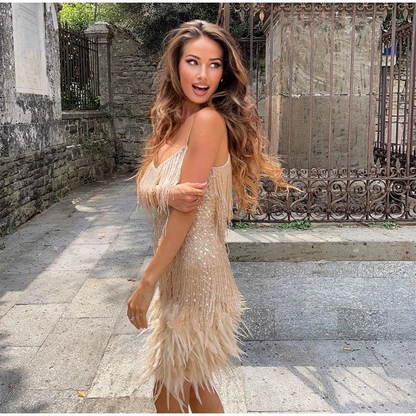 Fringe Feather Trim Deep V-Neck Spaghetti Strap Mini Dress
