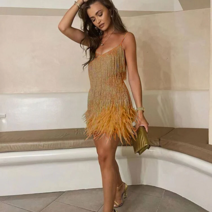 Fringe Feather Trim Spaghetti Strap V-Neck Mini Dress