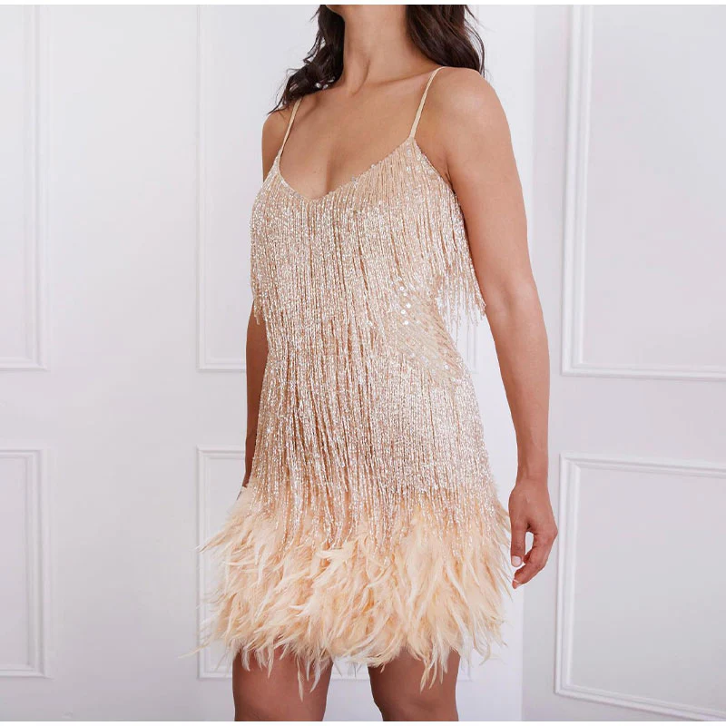 Fringe Feather Trim Spaghetti Strap V-Neck Mini Dress