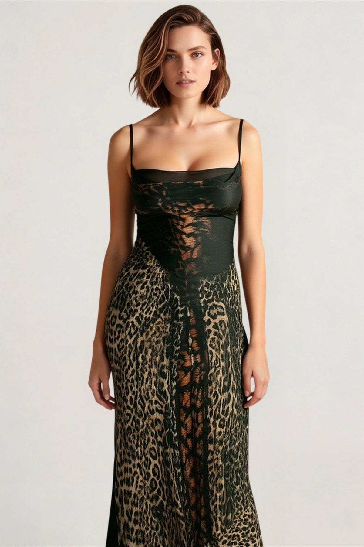 Spaghetti Strap Lace Corset Bodice Print Column Maxi Dress