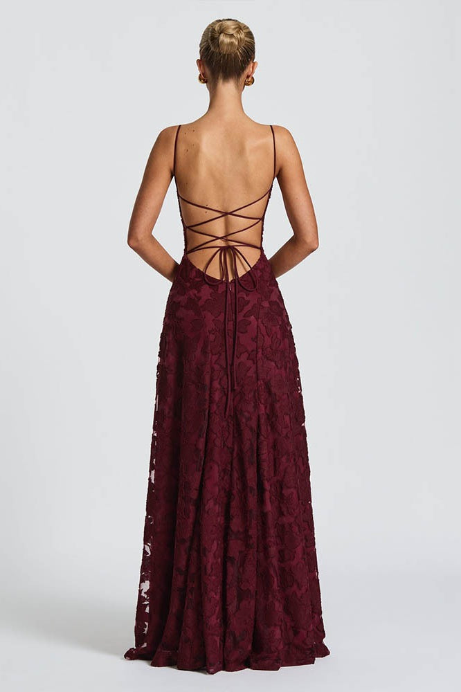 Square Neck Spaghetti Strap Ruched Burnout Floral Lace Maxi Dress