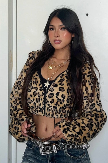 Leopard Plush Cropped Hoodie