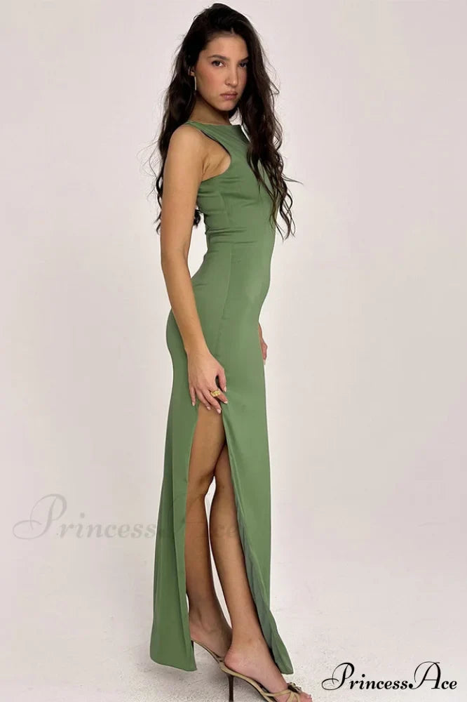 Filomena Olive Boat Charming Neck Maxi Dress