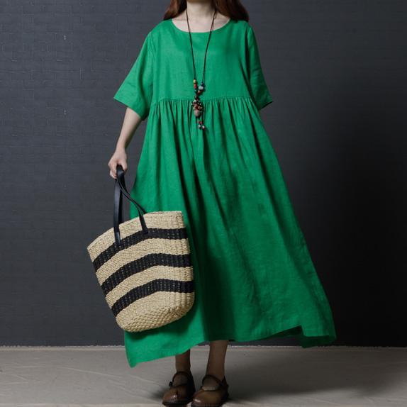 Round Neck Empire Waist Gathered Pleat Oversized Linen Maxi Dress