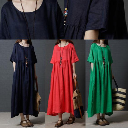 Round Neck Empire Waist Gathered Pleat Oversized Linen Maxi Dress