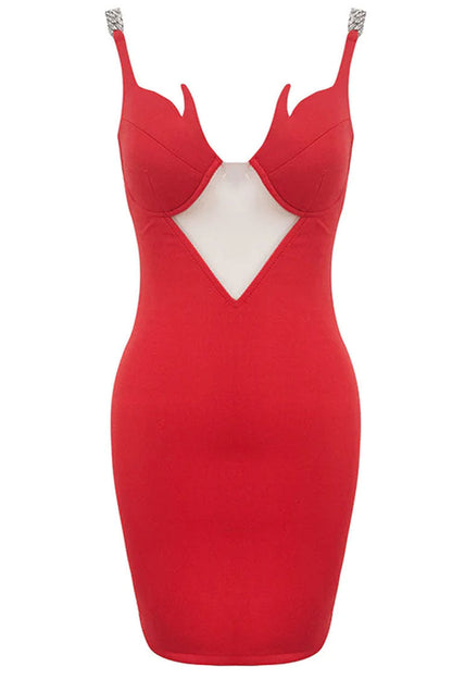 Flame Print Chain Strap Deep V Bodycon Mini Dress