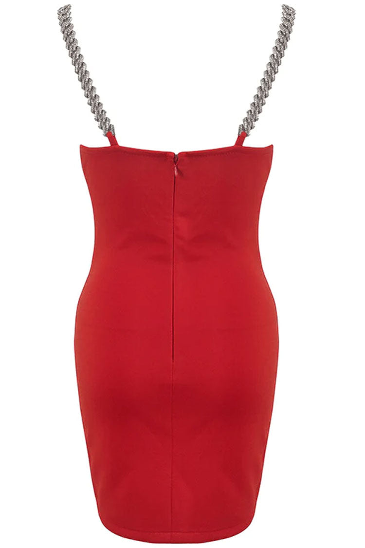 Flame Print Chain Strap Deep V Bodycon Mini Dress