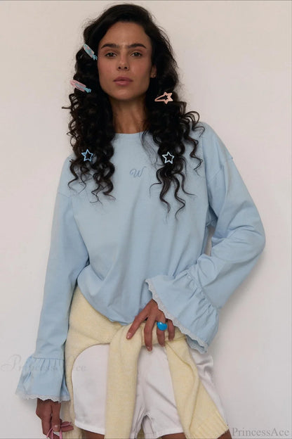 Flared Sleeve Lace Accent Crew Neck Alphabet Embroidered Long Sleeve Tee