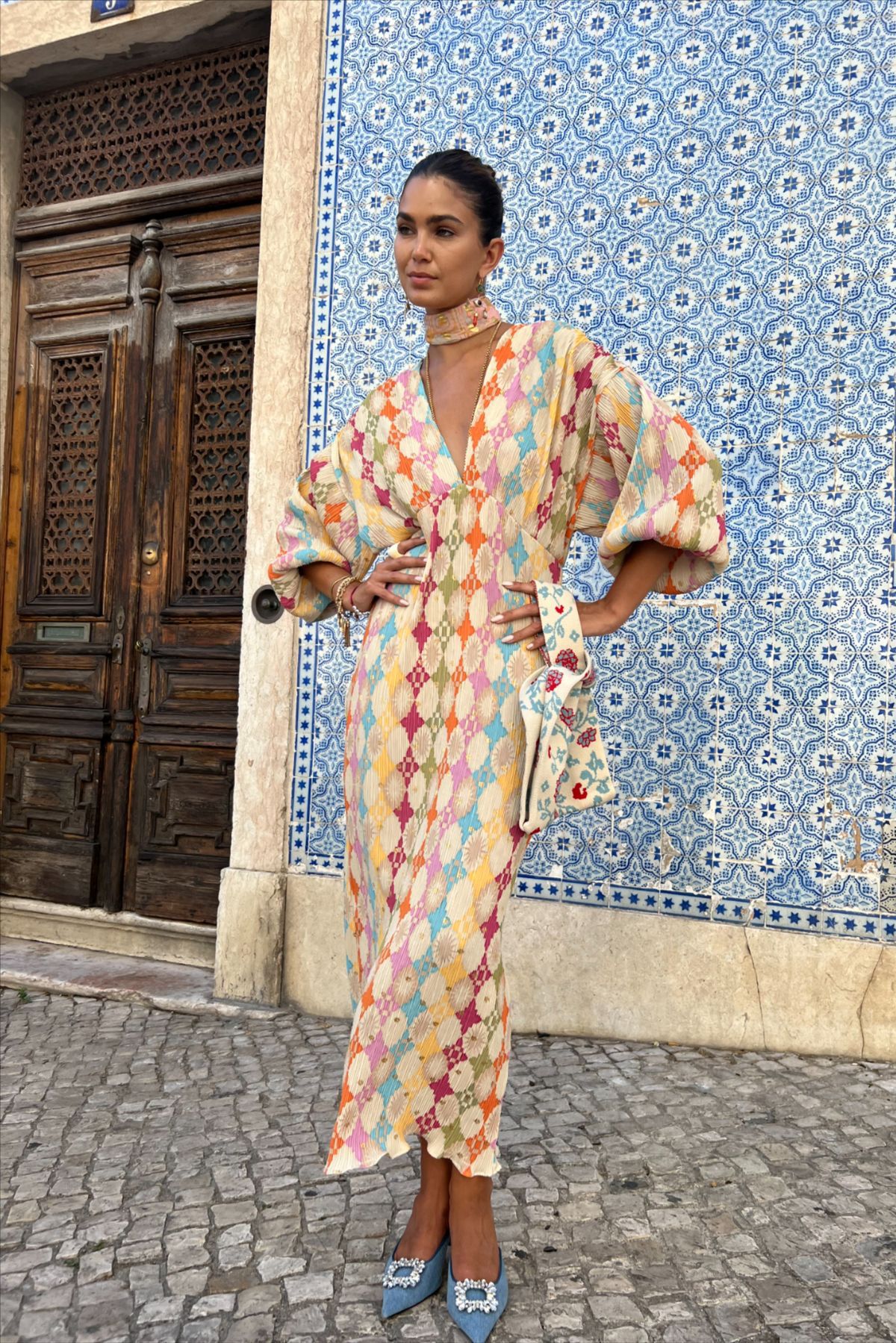 Deep V Neck Long Balloon Sleeve Geometric Diamond Print Neck Tie Maxi Dress