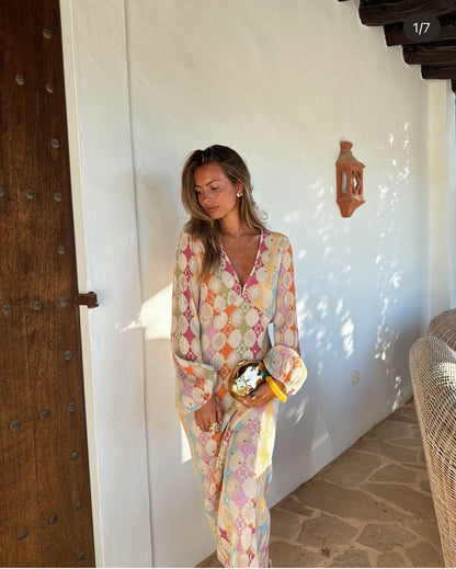Deep V Neck Long Balloon Sleeve Geometric Diamond Print Neck Tie Maxi Dress