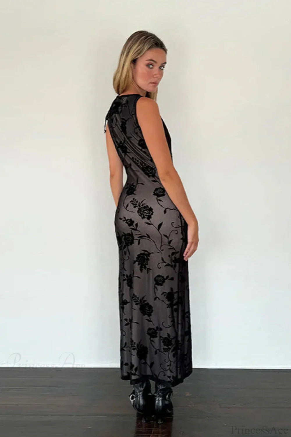 Flocked Mesh Sleeveless Bodycon Maxi Dress