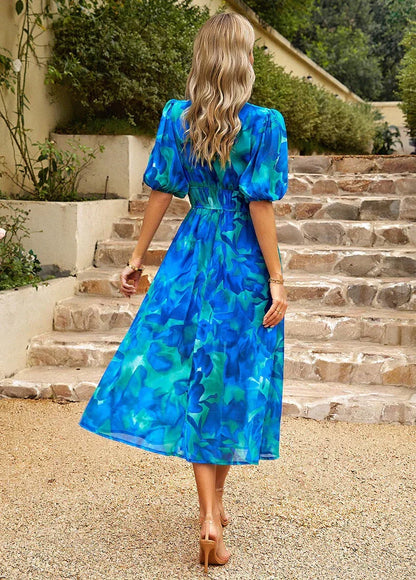 Floral Print V Neck Puff Sleeve Smocked Waist A Line Midi Dress
