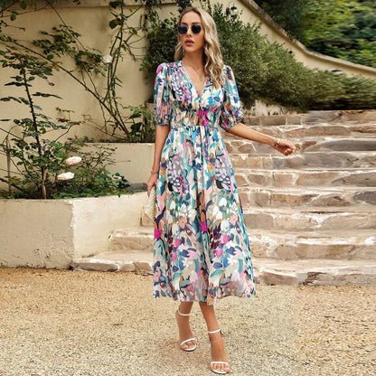 Floral Print V Neck Puff Sleeve Smocked Waist A Line Midi Dress
