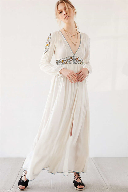 Floral Embroidered Long Sleeve Tiered Maxi Dress