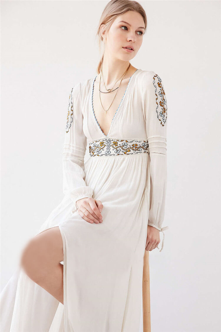Floral Embroidered Long Sleeve Tiered Maxi Dress