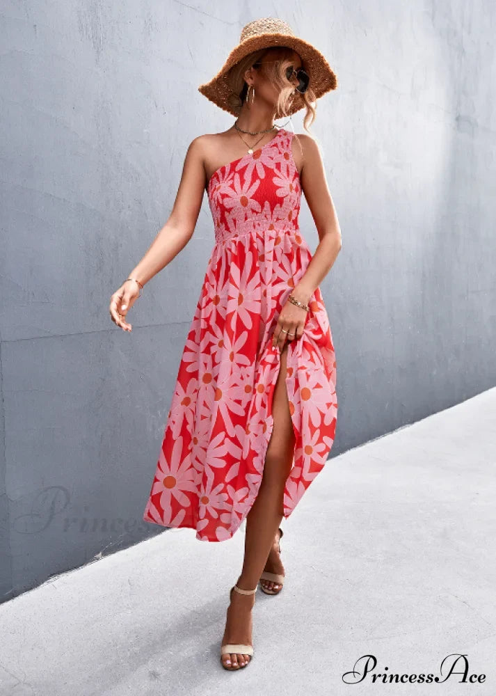 Floral Print Diagonal Shoulder Dress