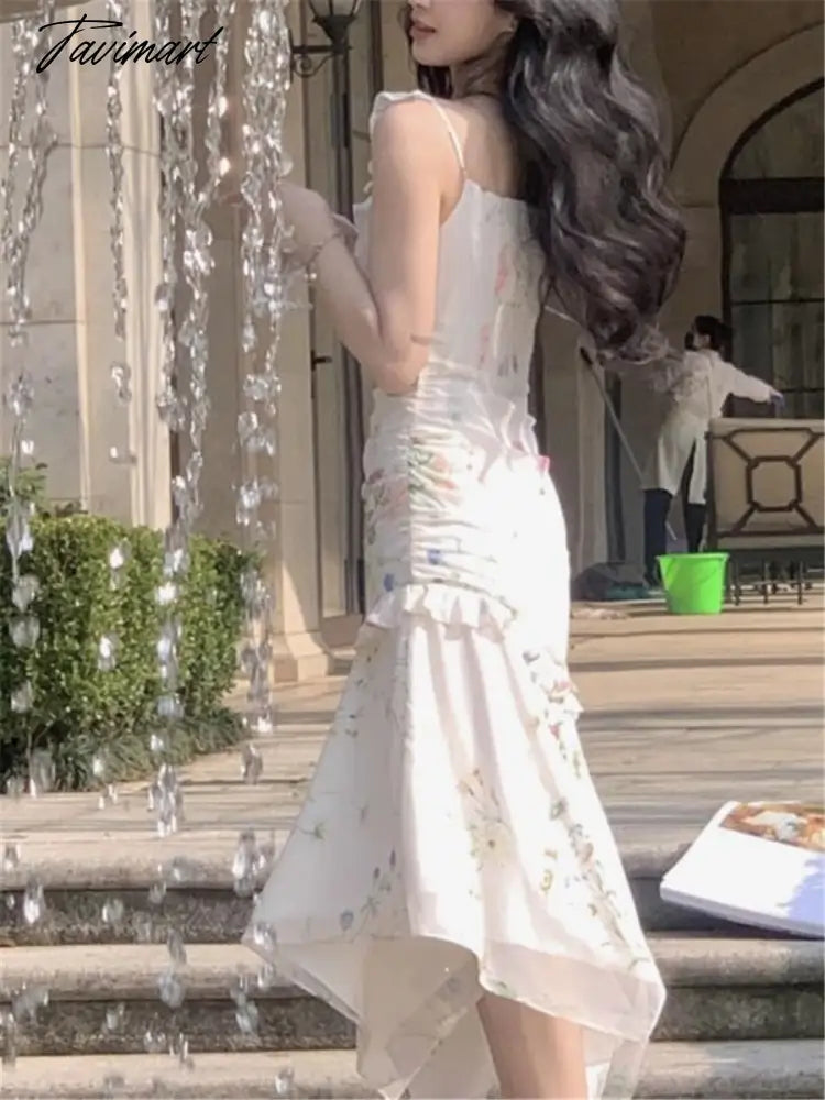 Floral Print Irregular Ruffles Dress For Women Summer Sexy Straps Elegant Party Evening Vintage Vestido Female Bodycon Robe