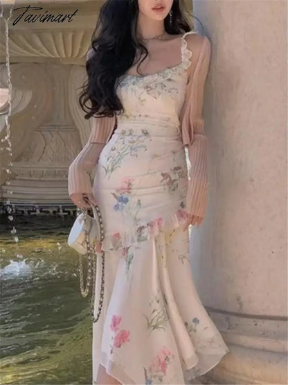 Floral Print Irregular Ruffles Dress For Women Summer Sexy Straps Elegant Party Evening Vintage Vestido Female Bodycon Robe