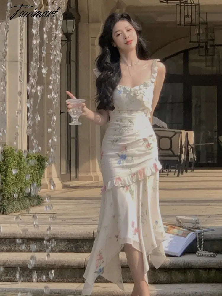 Floral Print Irregular Ruffles Dress For Women Summer Sexy Straps Elegant Party Evening Vintage Vestido Female Bodycon Robe