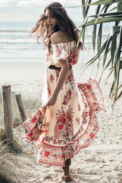 Floral Print Off Shoulder Smocked Tiered High Low Boho Maxi Dress