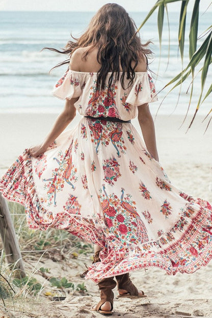 Floral Print Off Shoulder Smocked Tiered High Low Boho Maxi Dress