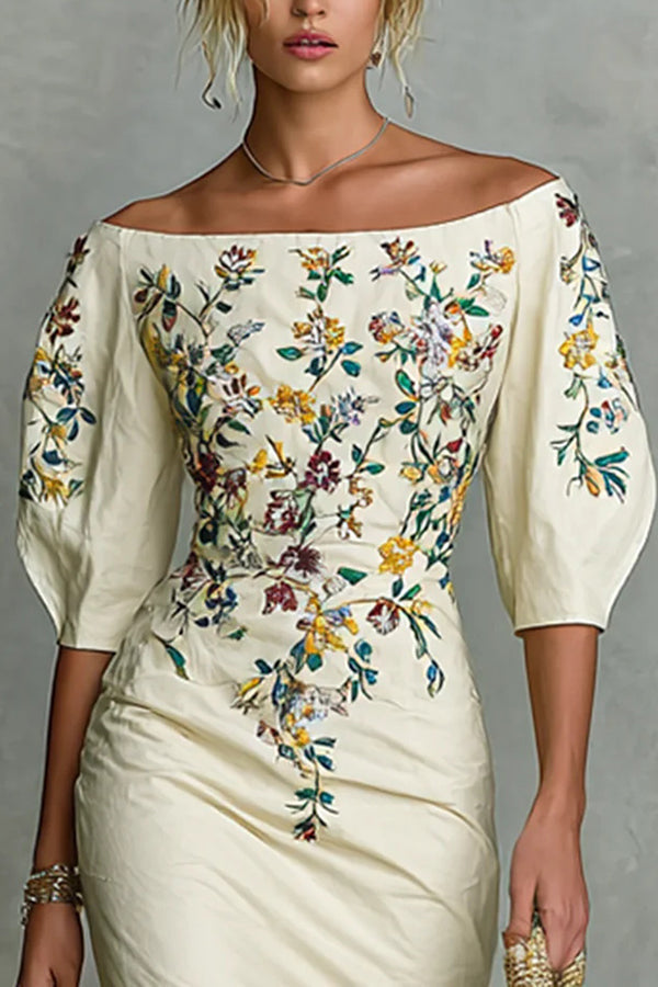 Floral Print Off-shoulder Puff Sleeve Fitted Midi Dress