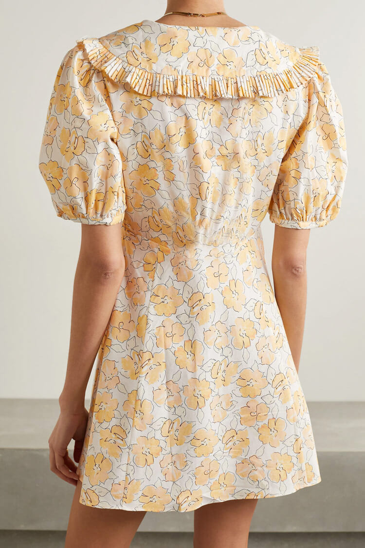Floral Print Oversized Collar Puff Sleeve Button Mini Dress